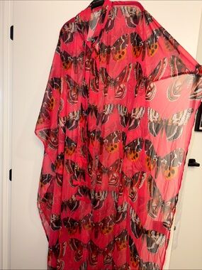 Sheer Butterfly Print Red Kimono Cover-Up